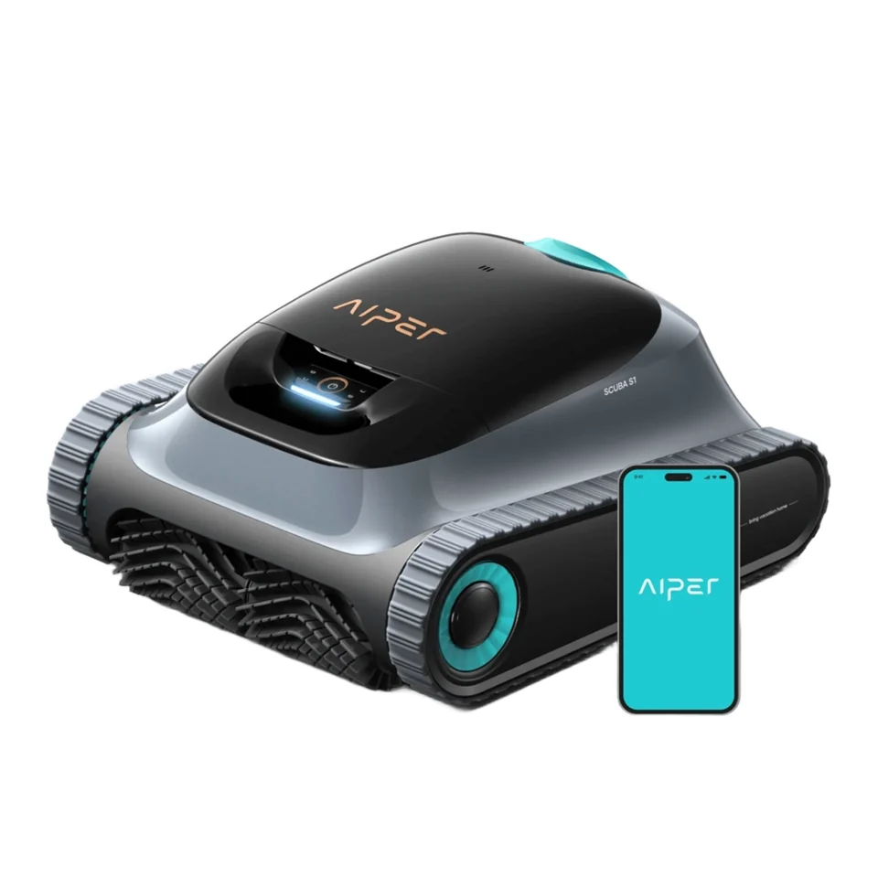 AIPER Scuba S1 (2026) — Foto oficial de la familia Scuba S1. Confirma color, versión y accesorios en la oferta. El teléfono ilustra la app y no forma parte del robot.